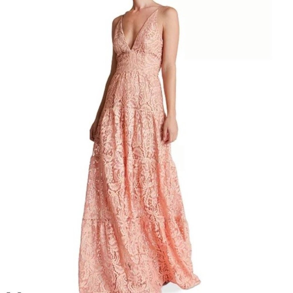 Dress the Population Melina Lace Fit & Flare Maxi Dress in Blush Size XS